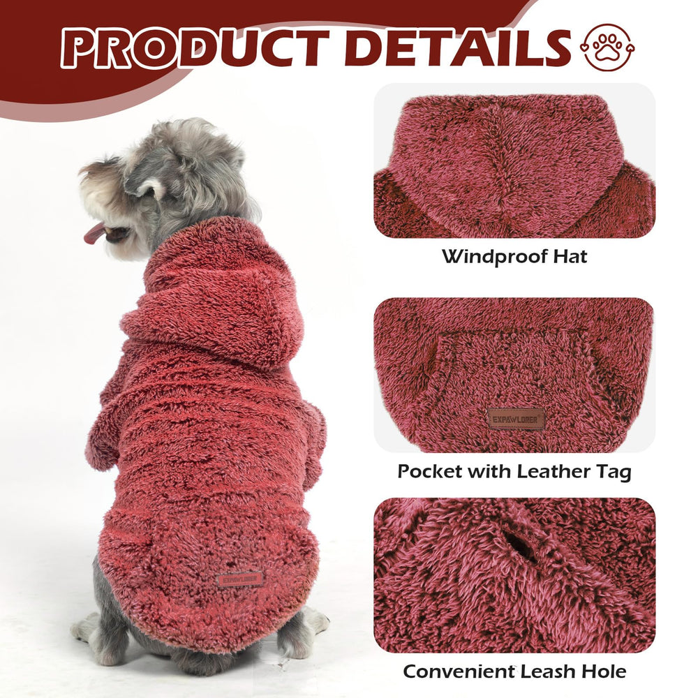 EXPAWLORER fuzzy dog sweater leash hole close-up demonstrates convenient on-leash walks