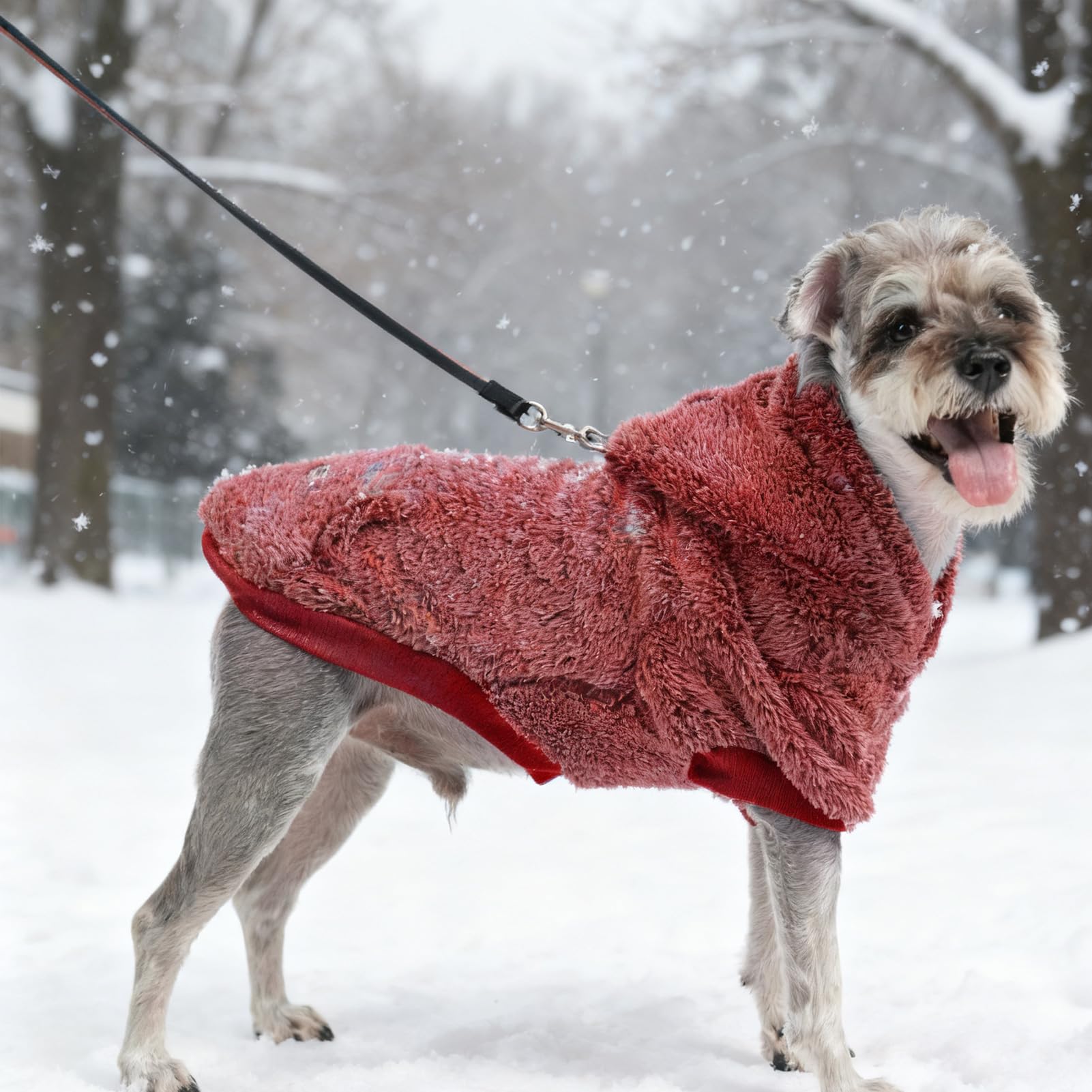 EXPAWLORER fuzzy dog sweater on dog during walk conveys practical everyday warmth