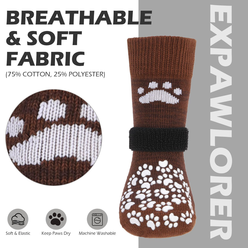 EXPAWLORER anti-slip socks protect paws on hot pavement outdoors.