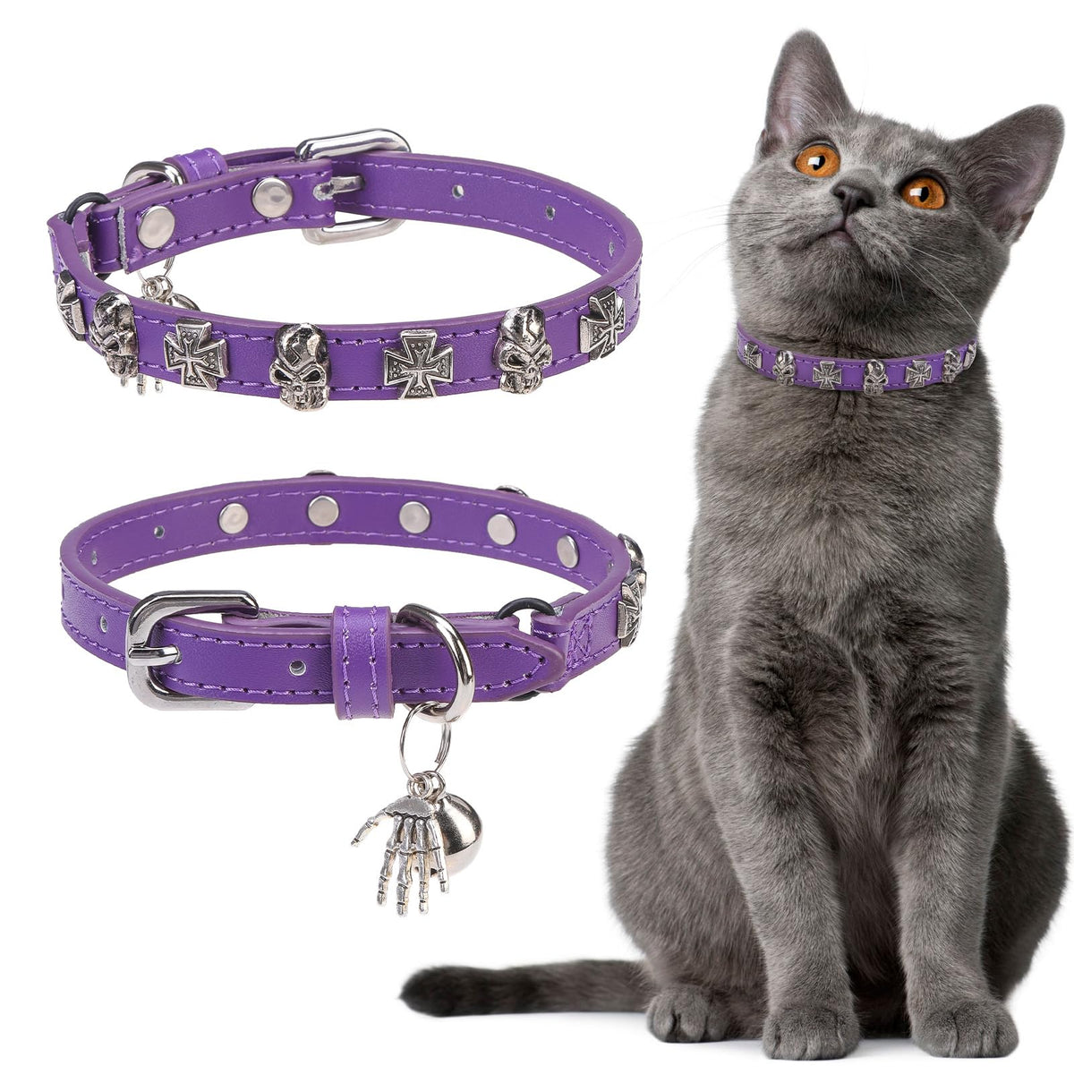 EXPAWLORER Leather Cat Collar with purple skull buckle for daily style and safety.