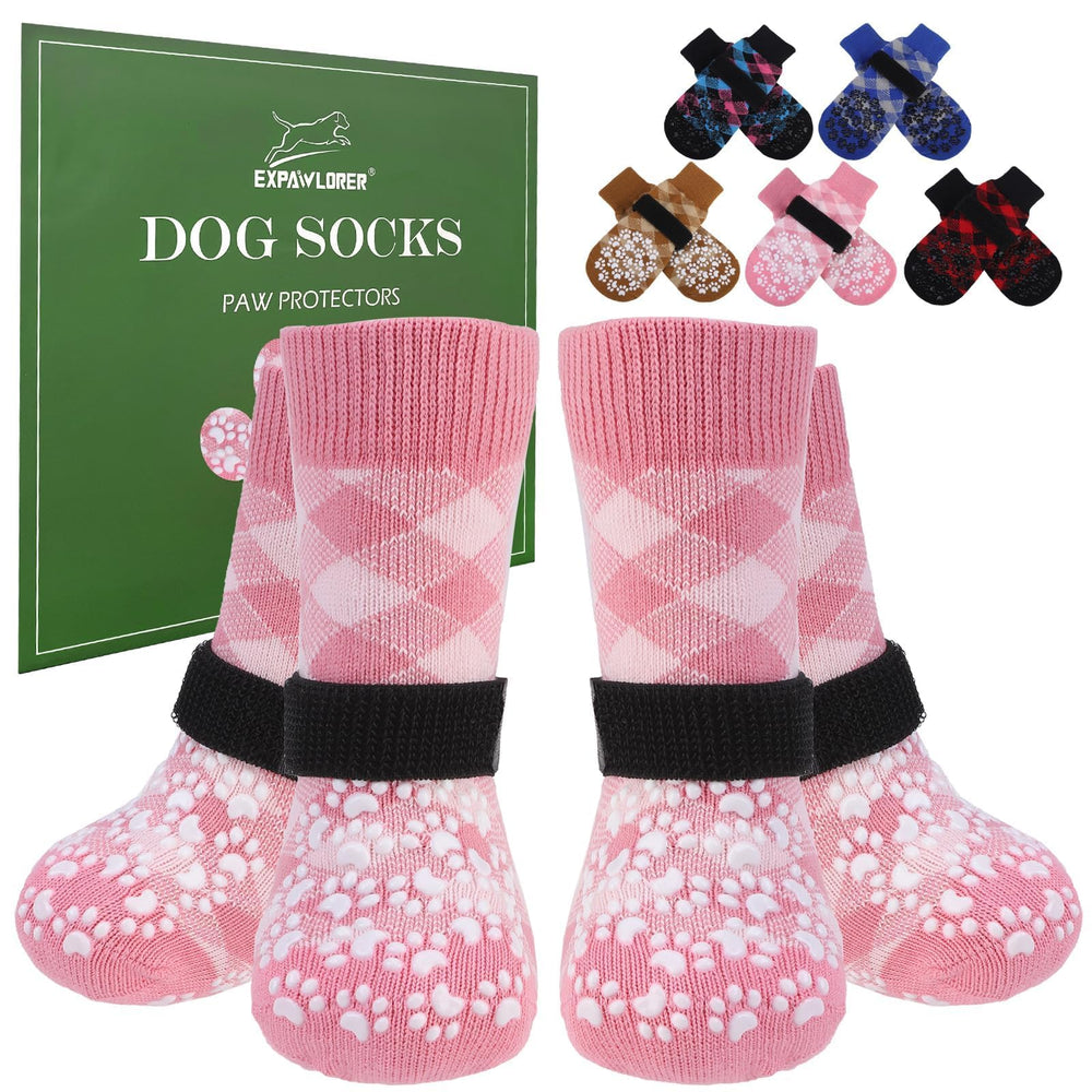 EXPAWLORER pink dog socks on paw showing soft fabric for small dogs.
