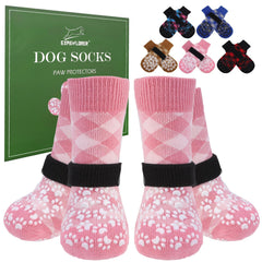 EXPAWLORER pink dog socks on paw showing soft fabric for small dogs.