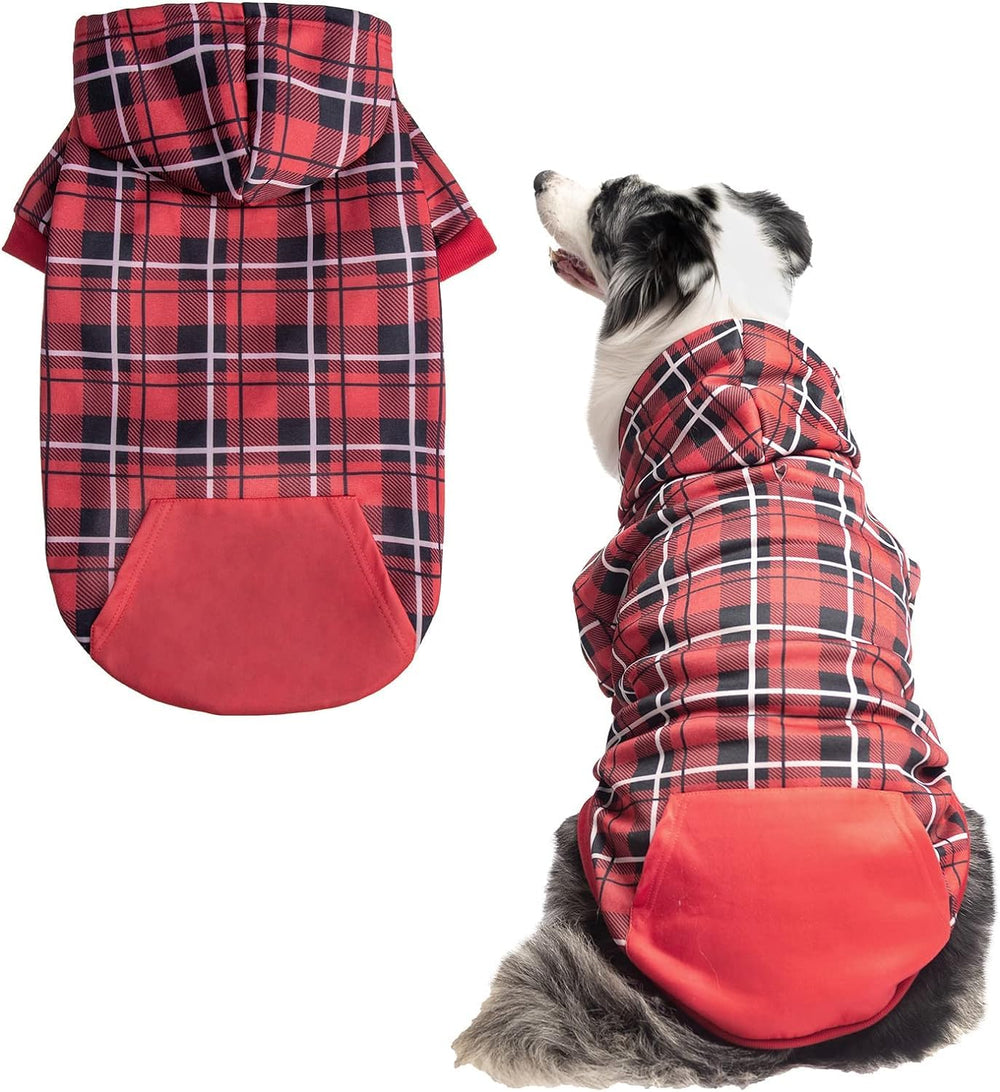 EXPAWLORER plaid dog hoodie back-pocket view for convenient treat storage during walks