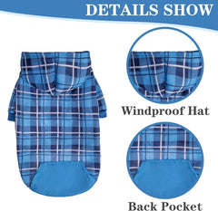 EXPAWLORER plaid dog hoodie blue leash hole for easy outdoor leash attachment.