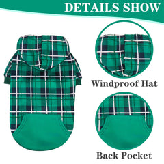 EXPAWLORER plaid dog hoodie with leash hole enables secure, hands-free walking.