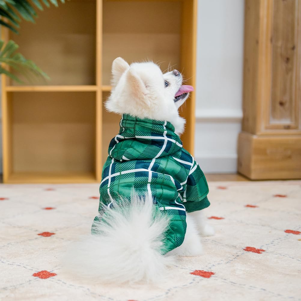 EXPAWLORER plaid dog hoodie worn by a model illustrates versatile style for all breeds.