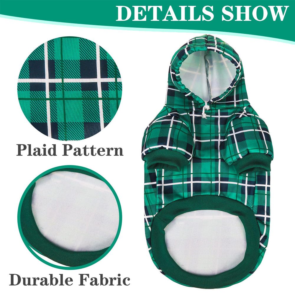EXPAWLORER plaid dog hoodie worn on a walk creates classic style and warmth.