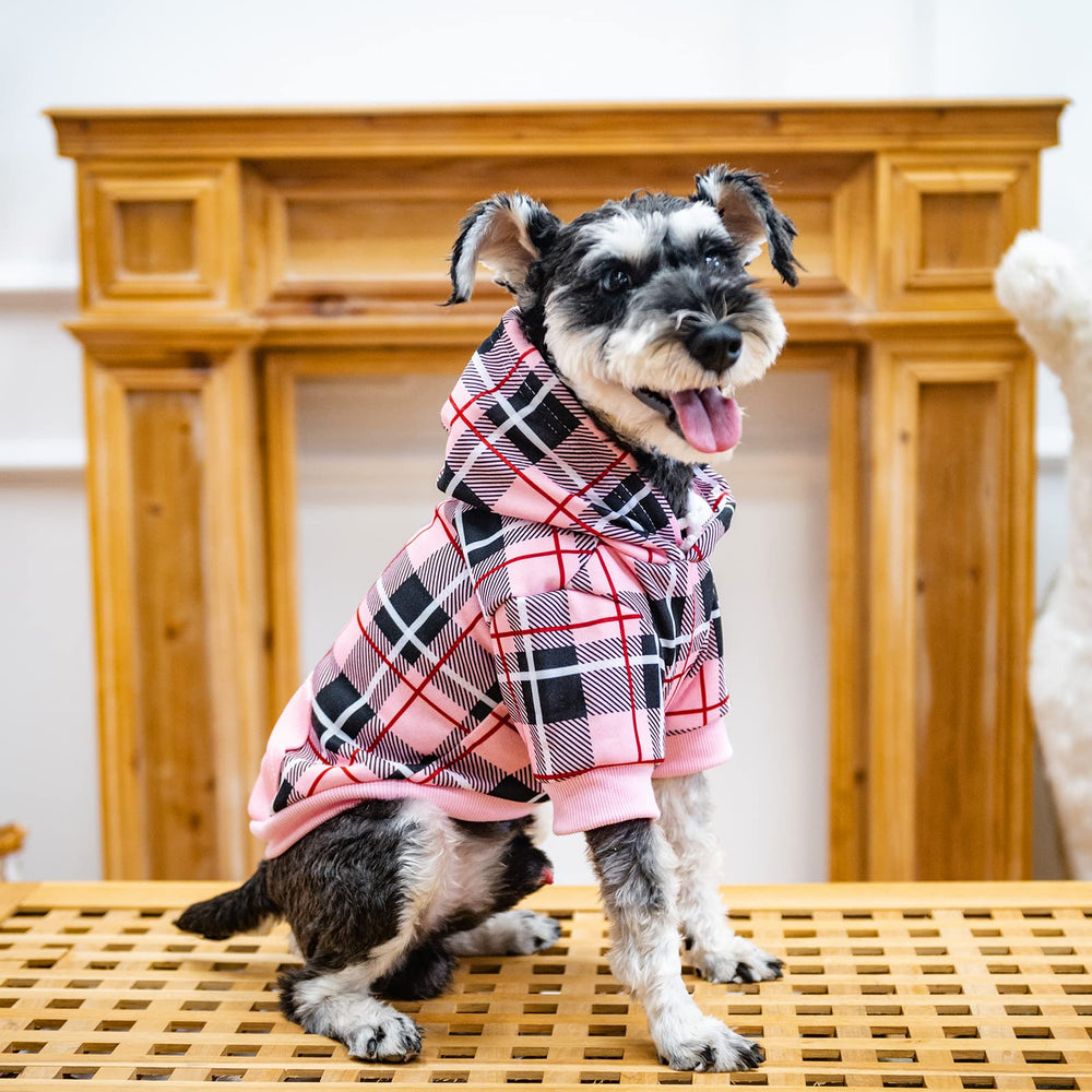 EXPAWLORER plaid dog hoodie woven pattern emphasizes classic tartan style.