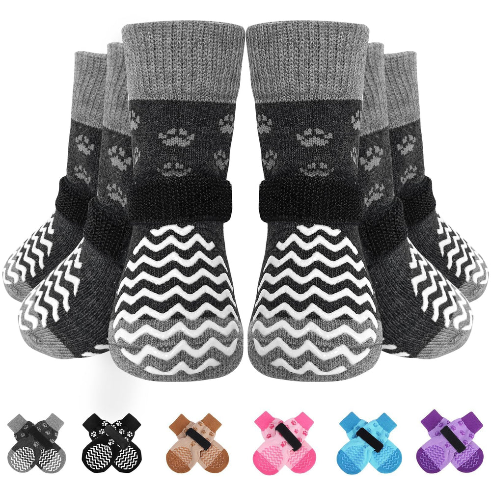 EXPAWLORER six-pack anti-slip dog socks provide paw protection and stable indoor grip.