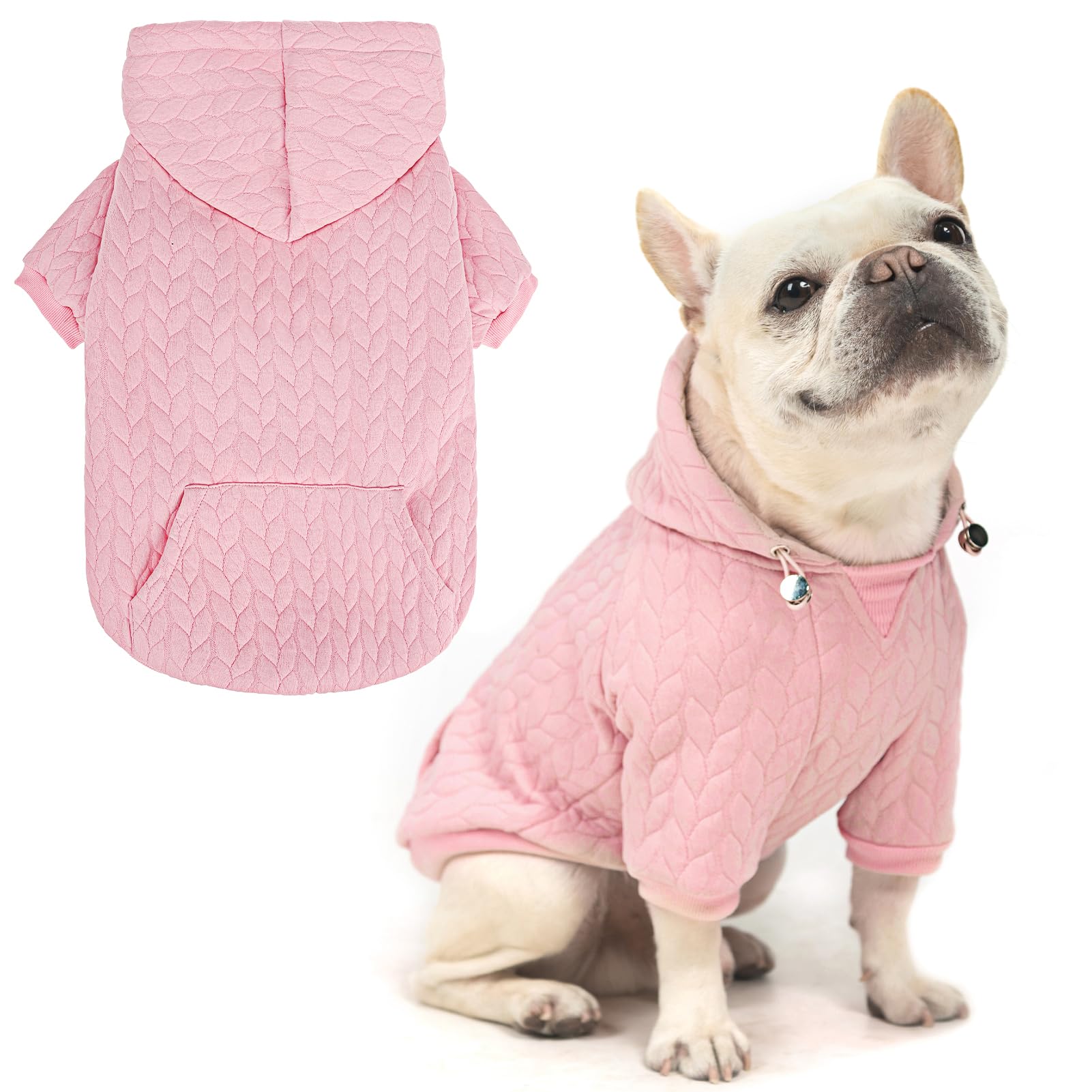 EXPAWLORER textured cable-knit hoodie pink front view for warm winter walks.