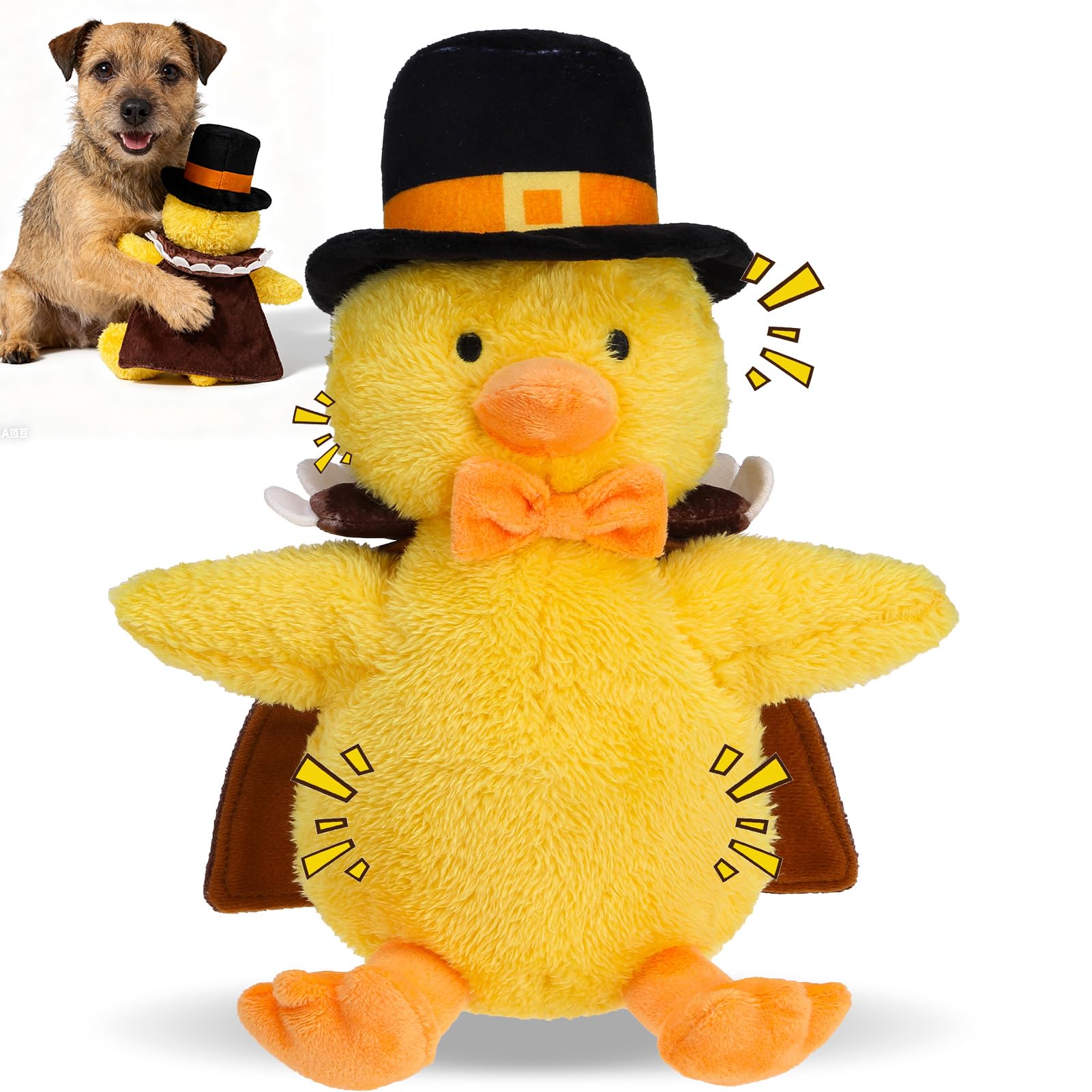 EXPAWLORER Thanksgiving squeaky duck toy close-up shows dual squeakers for engaging play