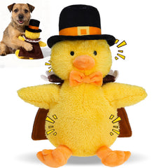 EXPAWLORER Thanksgiving squeaky duck toy close-up shows dual squeakers for engaging play