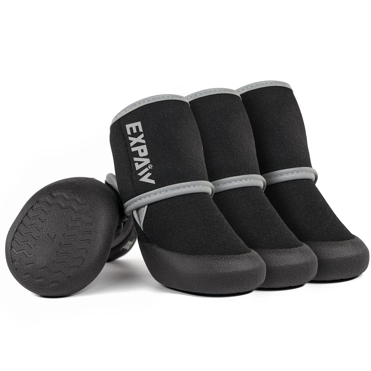 EXPAWLORER waterproof dog shoes—front paws view showing paw protection in wet weather.