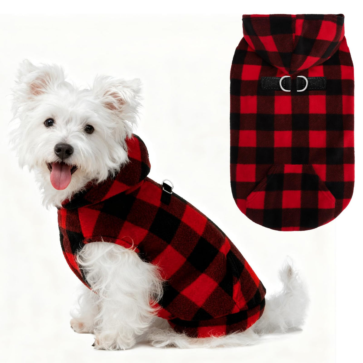 EXPAWLORER dog hoodie plaid front view shows cozy warmth for chilly walks