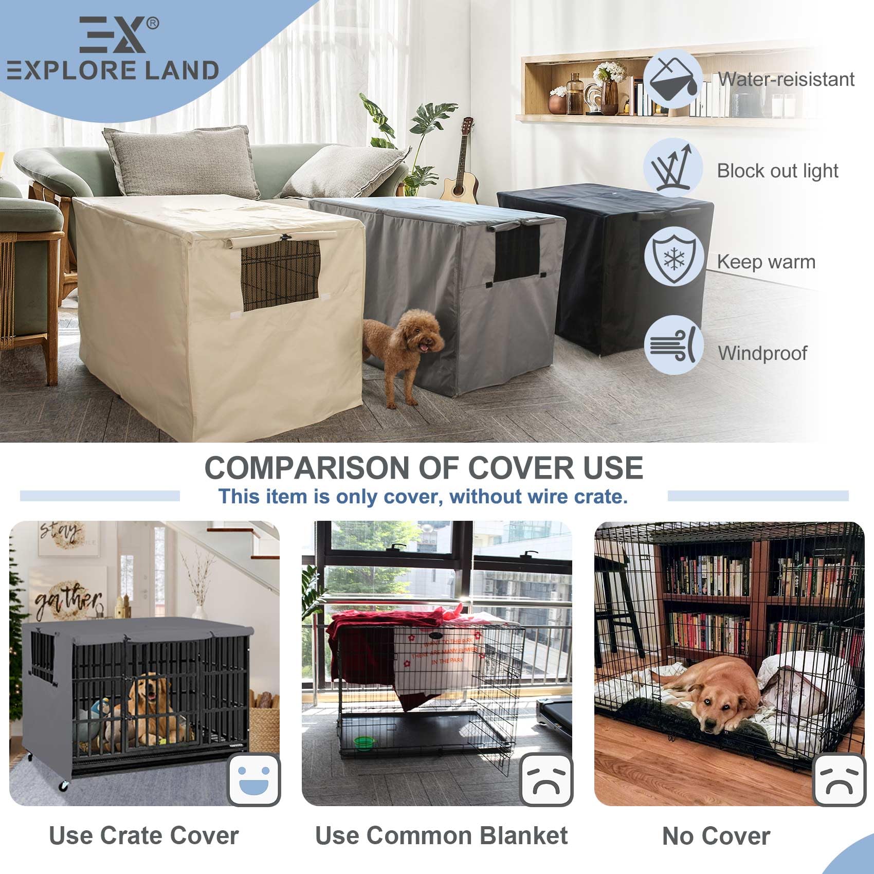 Explore Land crate cover bottom clips secure the cover to the cage against wind.