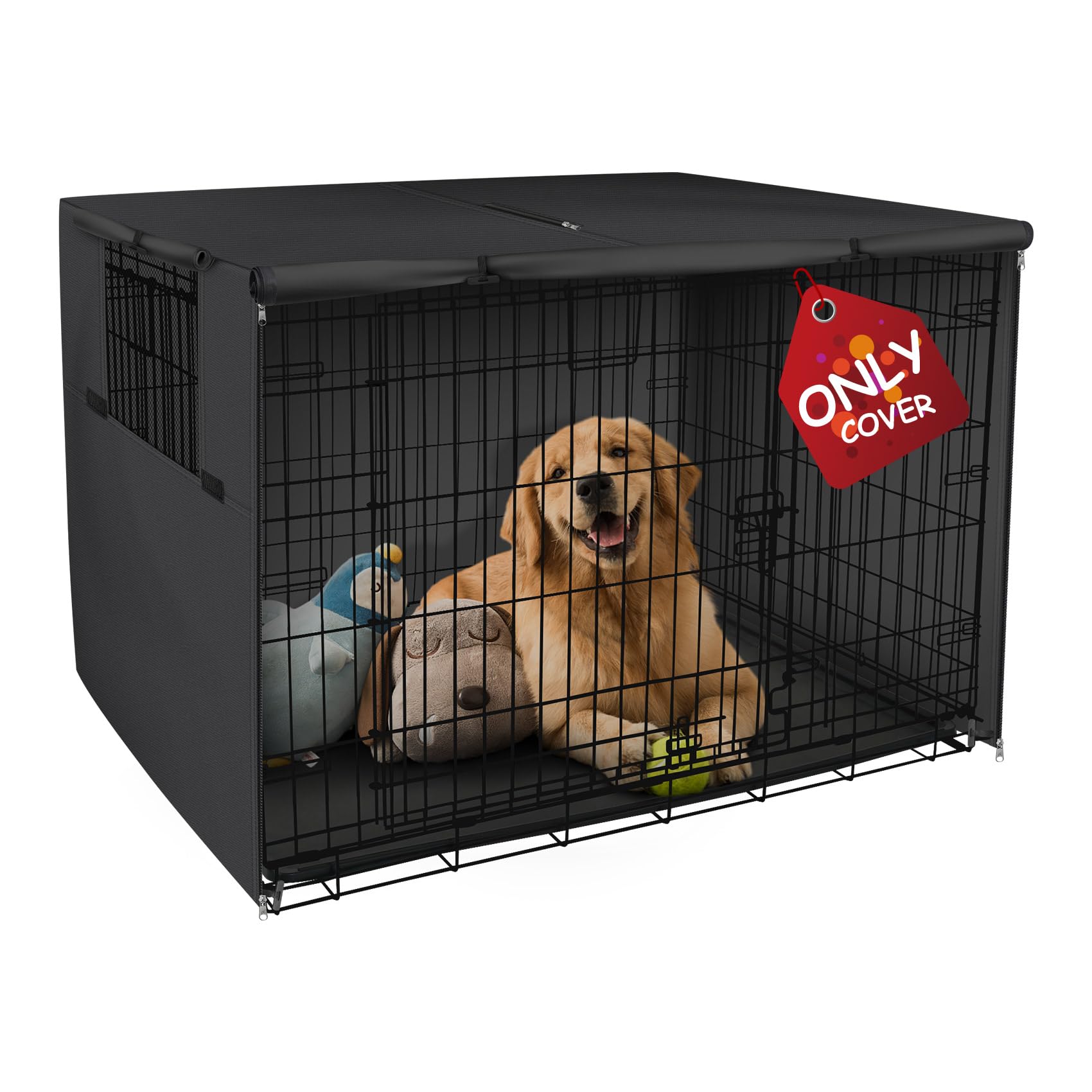 Explore Land dog crate cover in heavy-duty oxford cloth shielding crate from sun and wind.