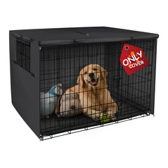 Explore Land dog crate cover in heavy-duty oxford cloth shielding crate from sun and wind.