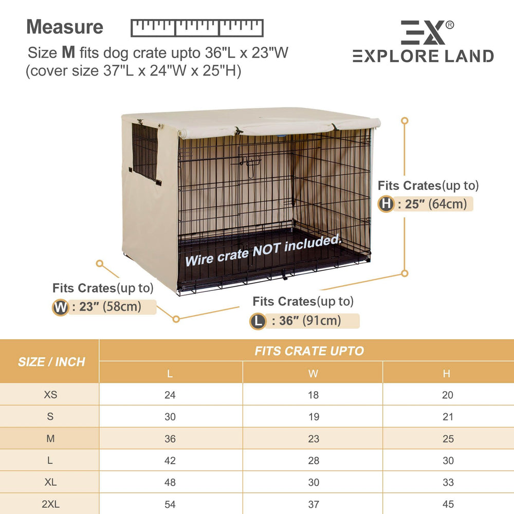 Explore Land dog crate cover light tan top view with zip handle for easy removal