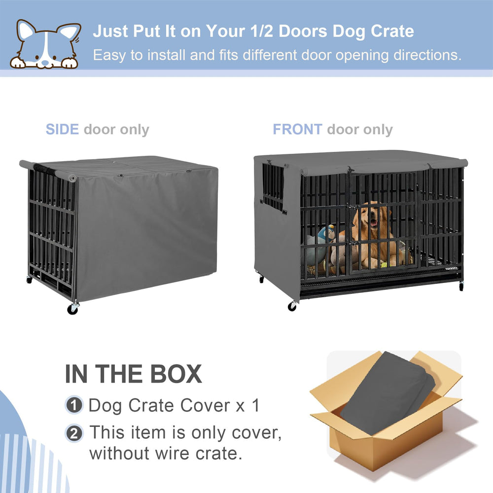 Explore Land dog crate cover side view highlighting windproof, breathable fabric for crates.