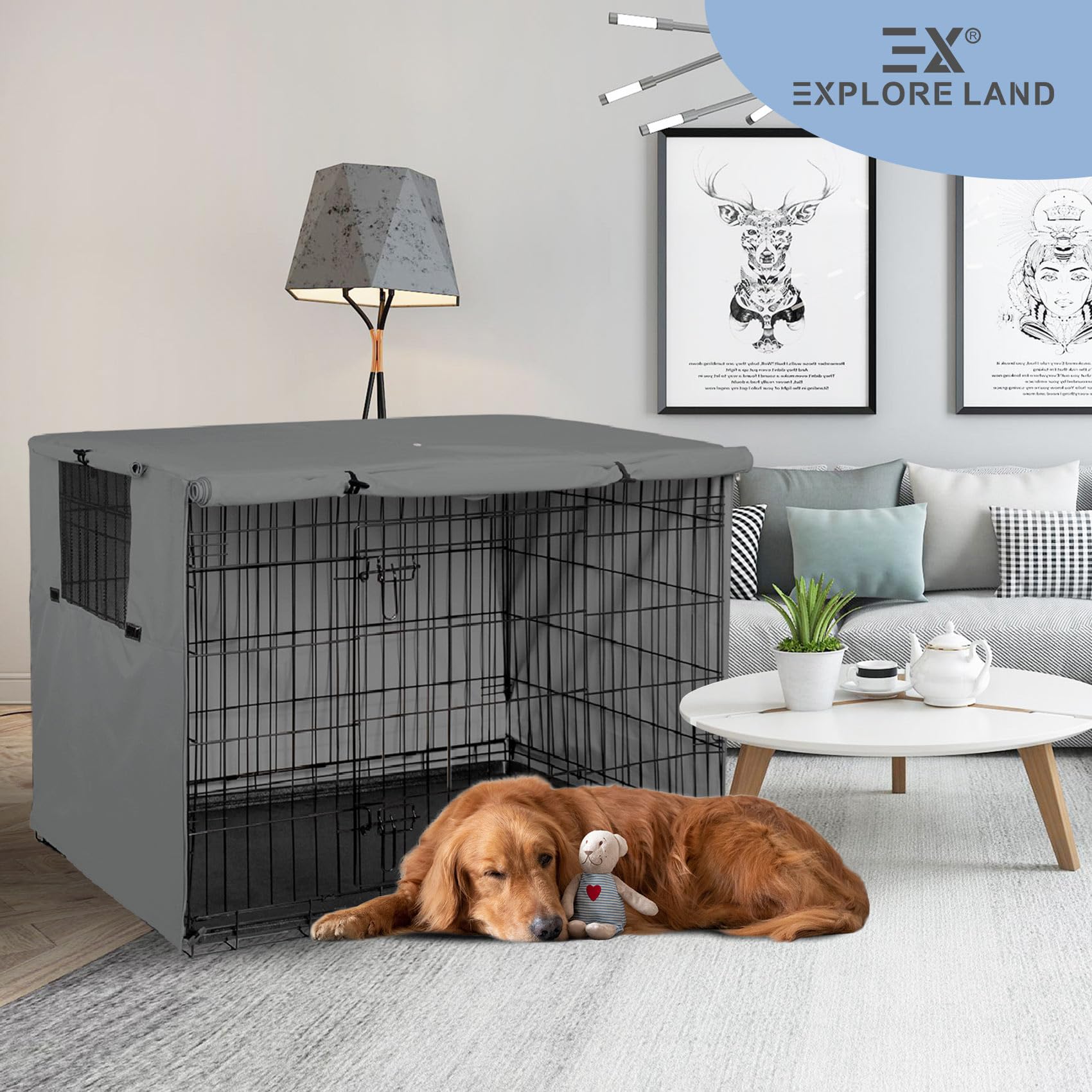 Explore Land dog crate cover top zip handle view suggests easy portability.