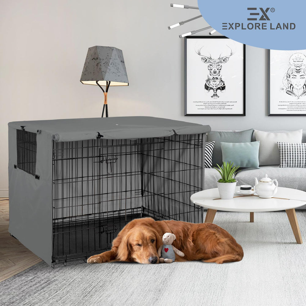 Explore Land dog crate cover in travel setting demonstrates secure door access