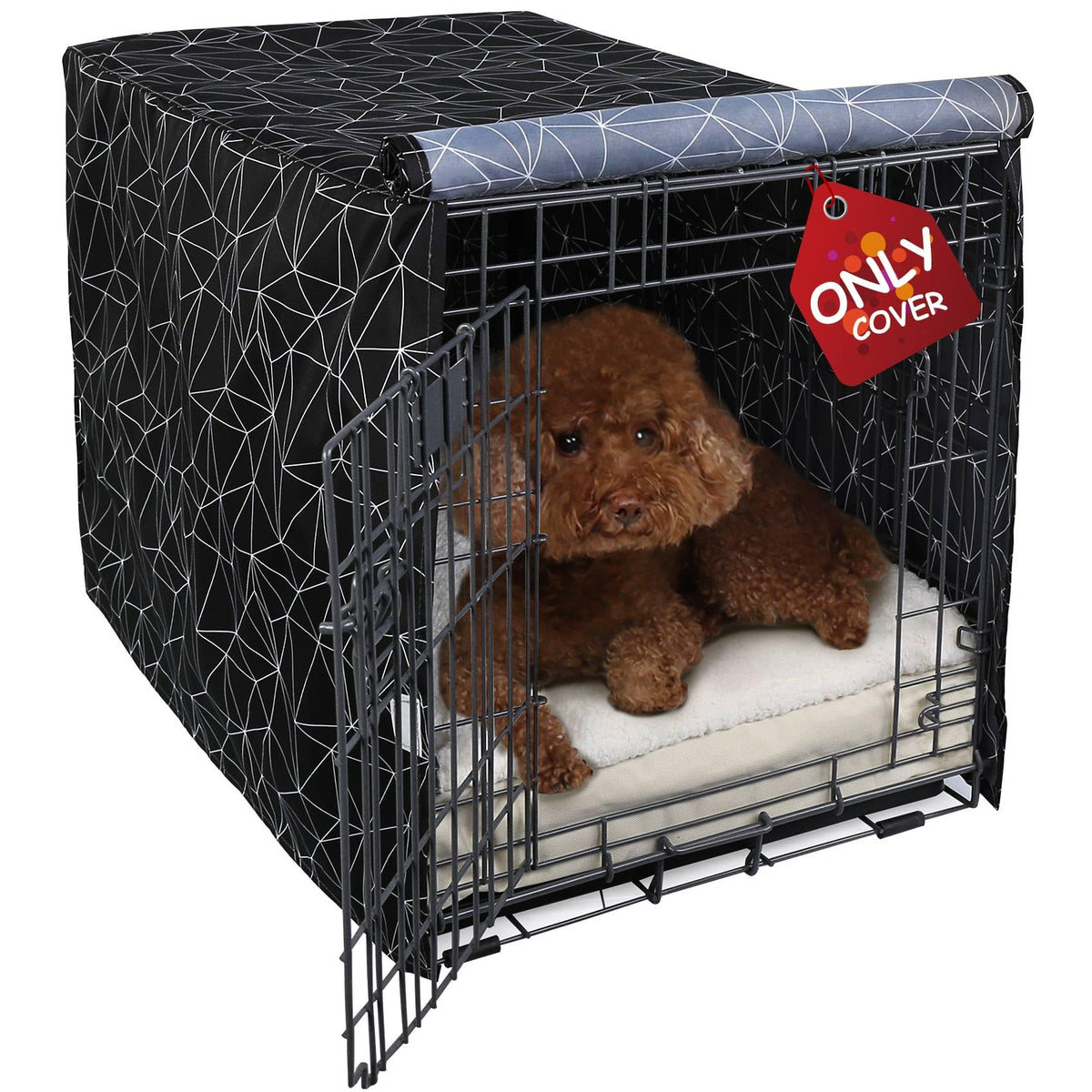 Explore Land pattern dog crate cover front view showing universal fit and décor boost
