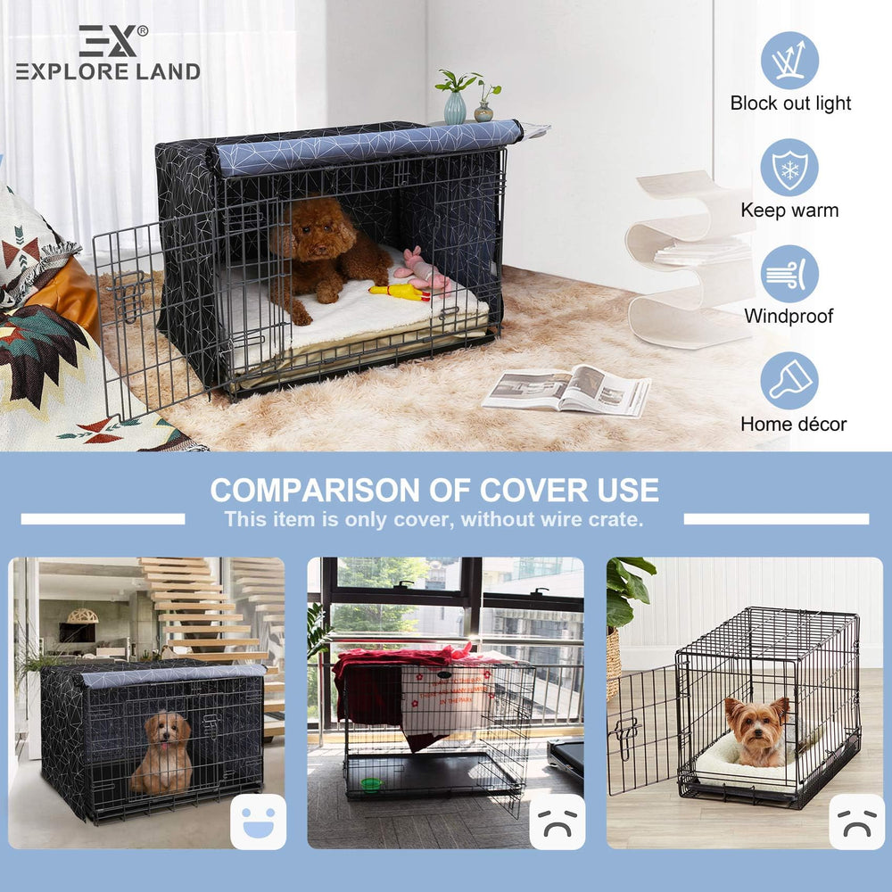 Explore Land pattern dog crate cover back view with visible ventilation features.