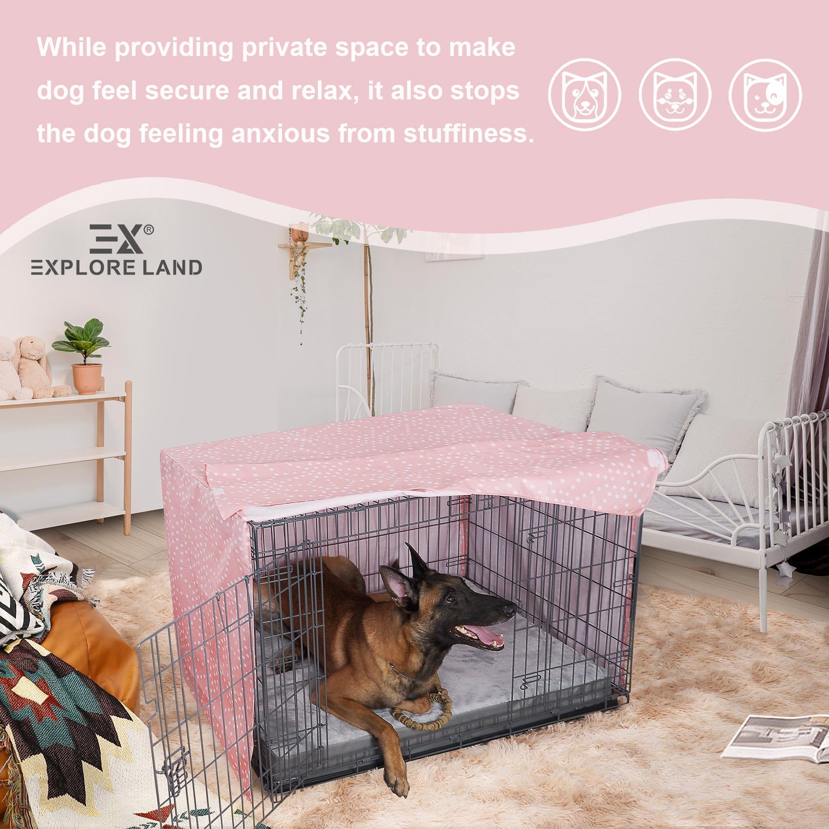 Explore Land Pattern Dog Crate Cover easy installation with hoop-and-loop closures