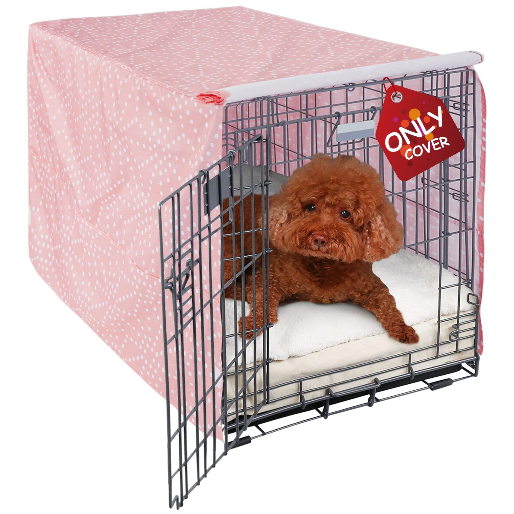 Explore Land Pattern Dog Crate Cover in Princess Pink, front view blends with decor and adds privacy