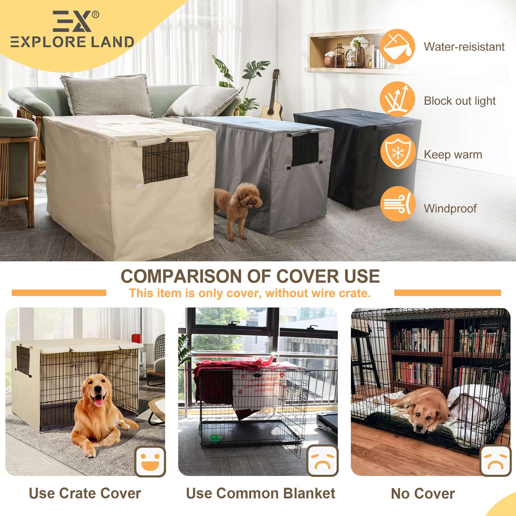 Explore Land universal-fit 24in crate cover with top zip handle for easy removal