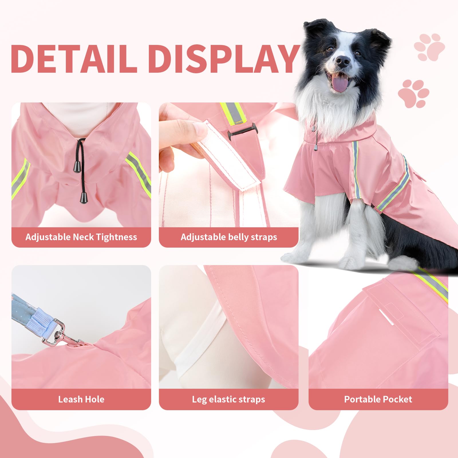 ExploreU dog raincoat adjustable-neck-belly-straps ensure secure fit during outdoor adventures.