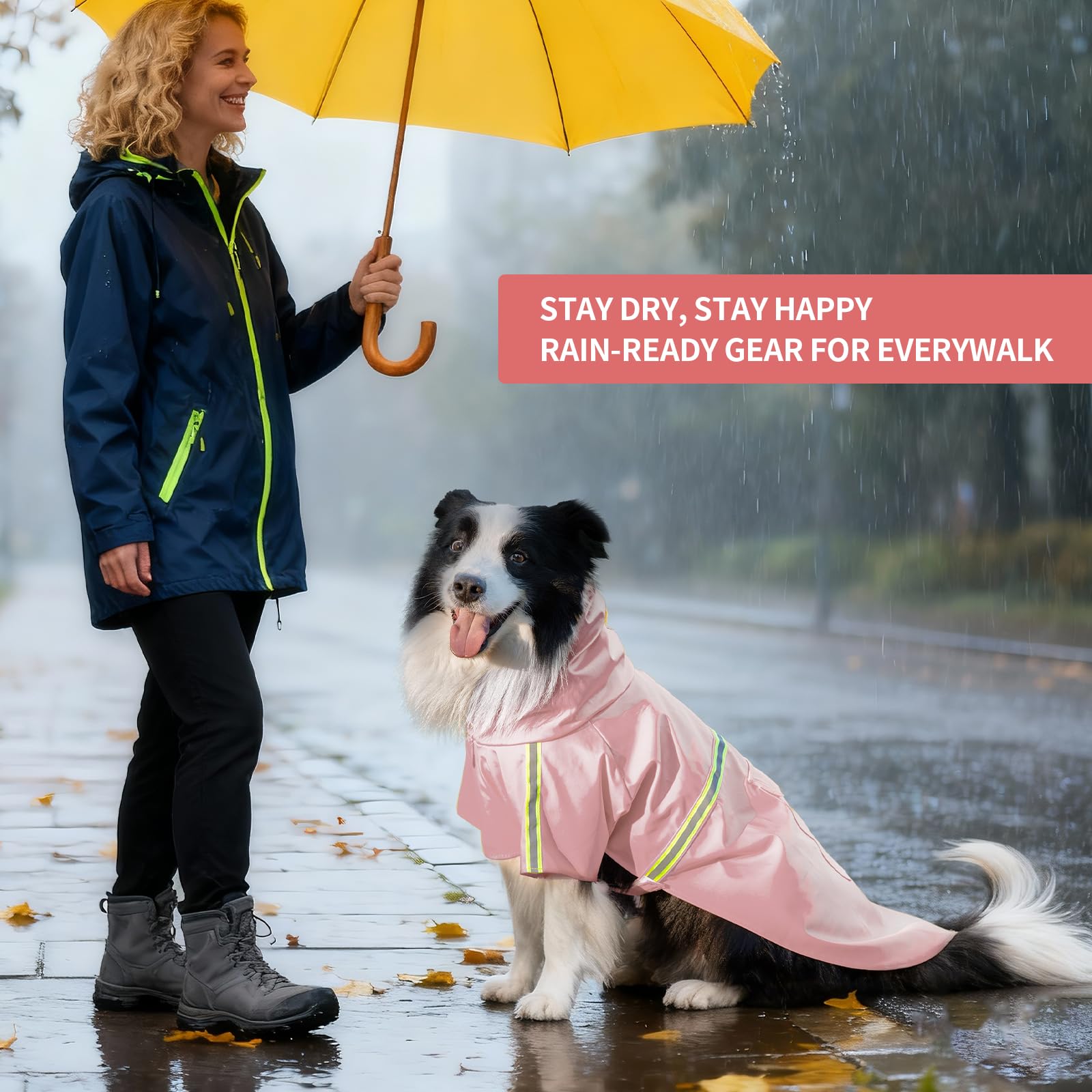 ExploreU dog raincoat harness hole lets you leash your dog without removing coat