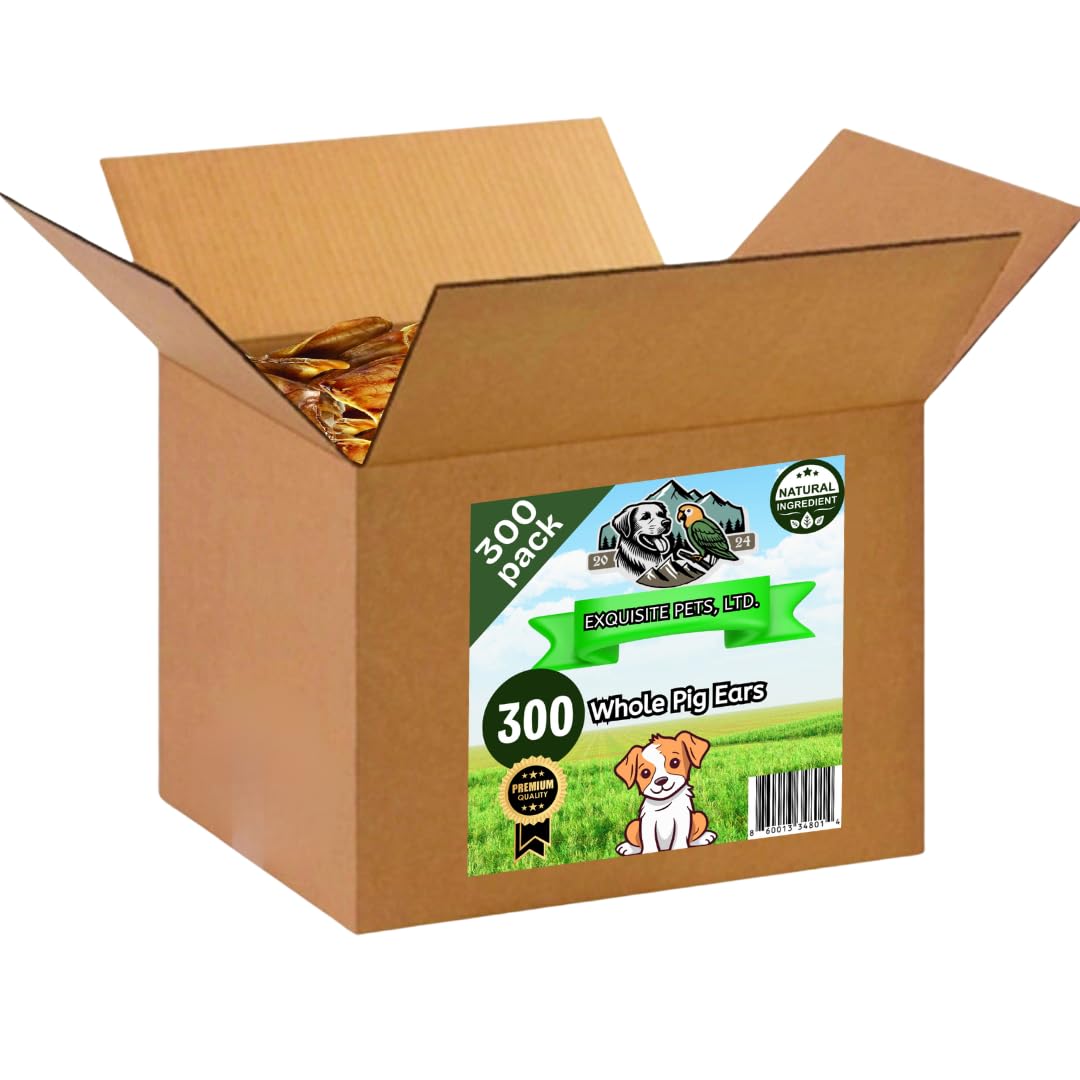 Exquisite Pets 300-pack roasted pig ears bulk: long-lasting chew for dogs.