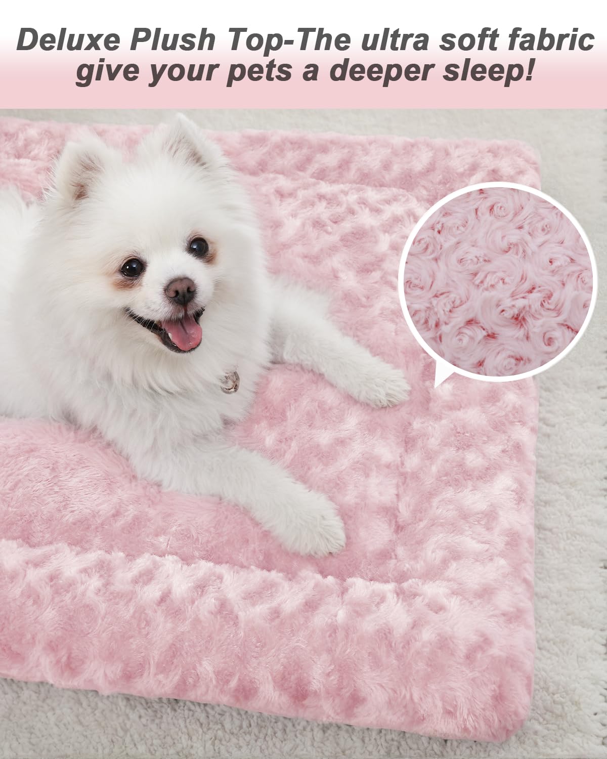 Exsnugy dog bed mat inside crate in pink demonstrates versatile placement for crate or kennel.