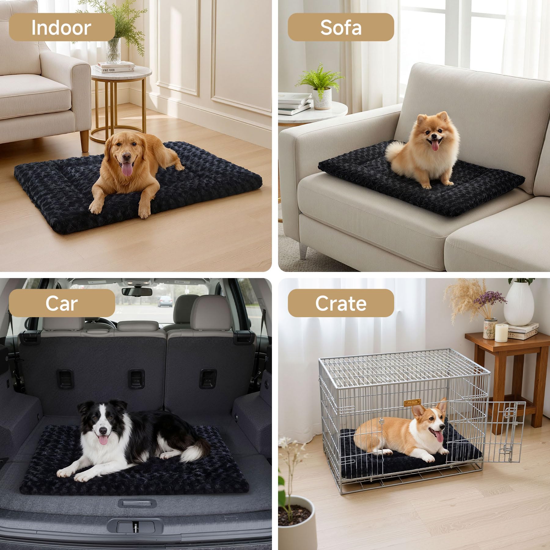 Exsnugy washable dog bed mat inside crate illustrating secure fit