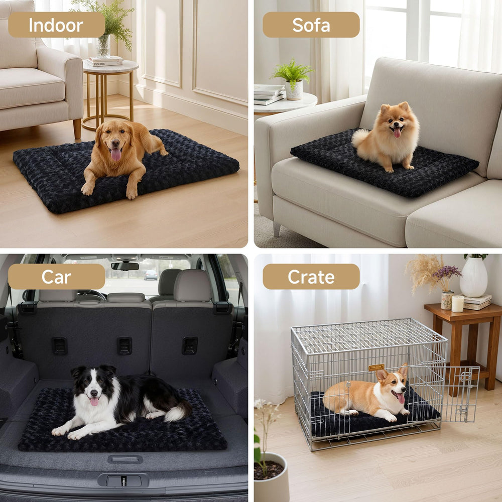 Exsnugy washable dog bed mat inside crate illustrating secure fit