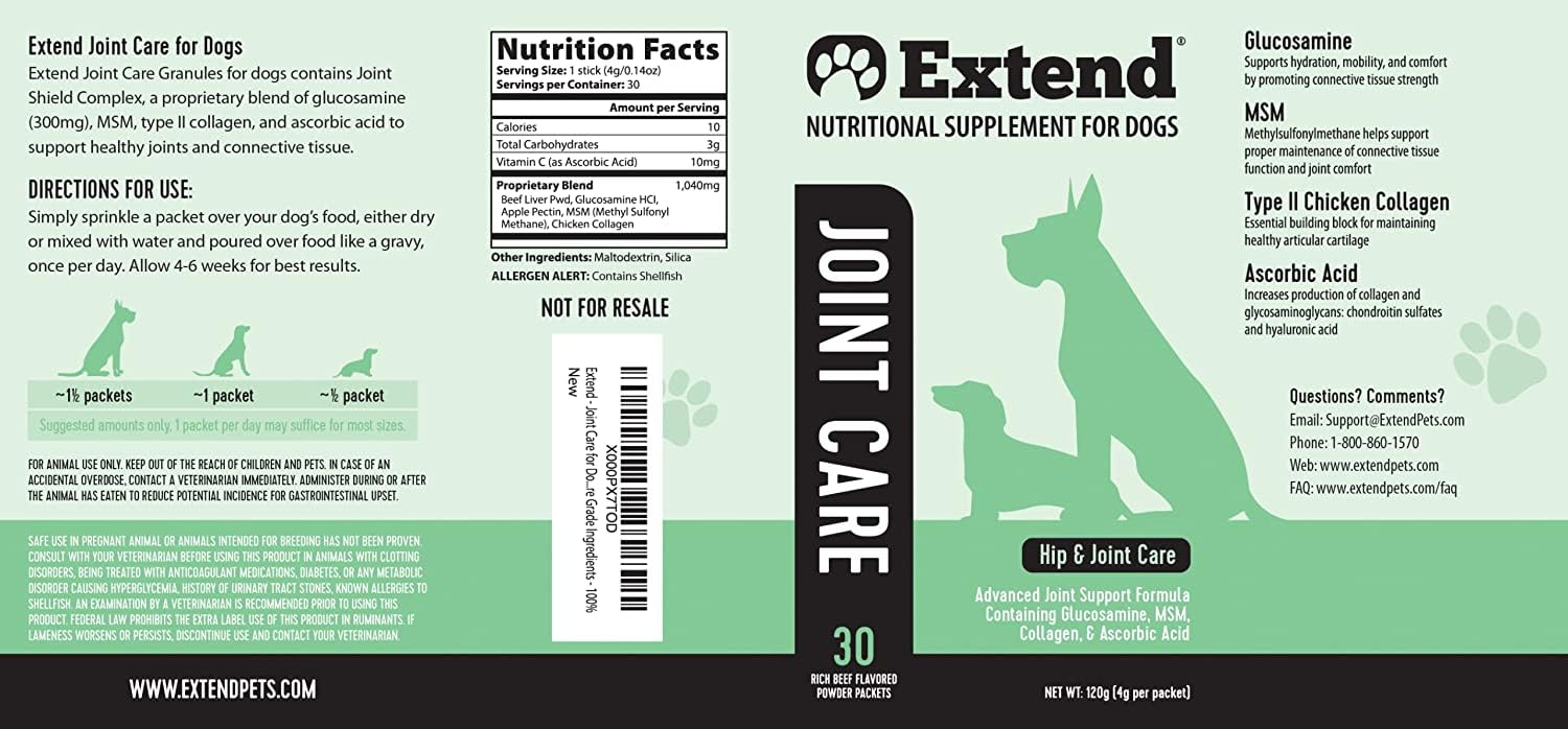Extend Joint Care for Dogs bottle label closeup highlighting key ingredients
