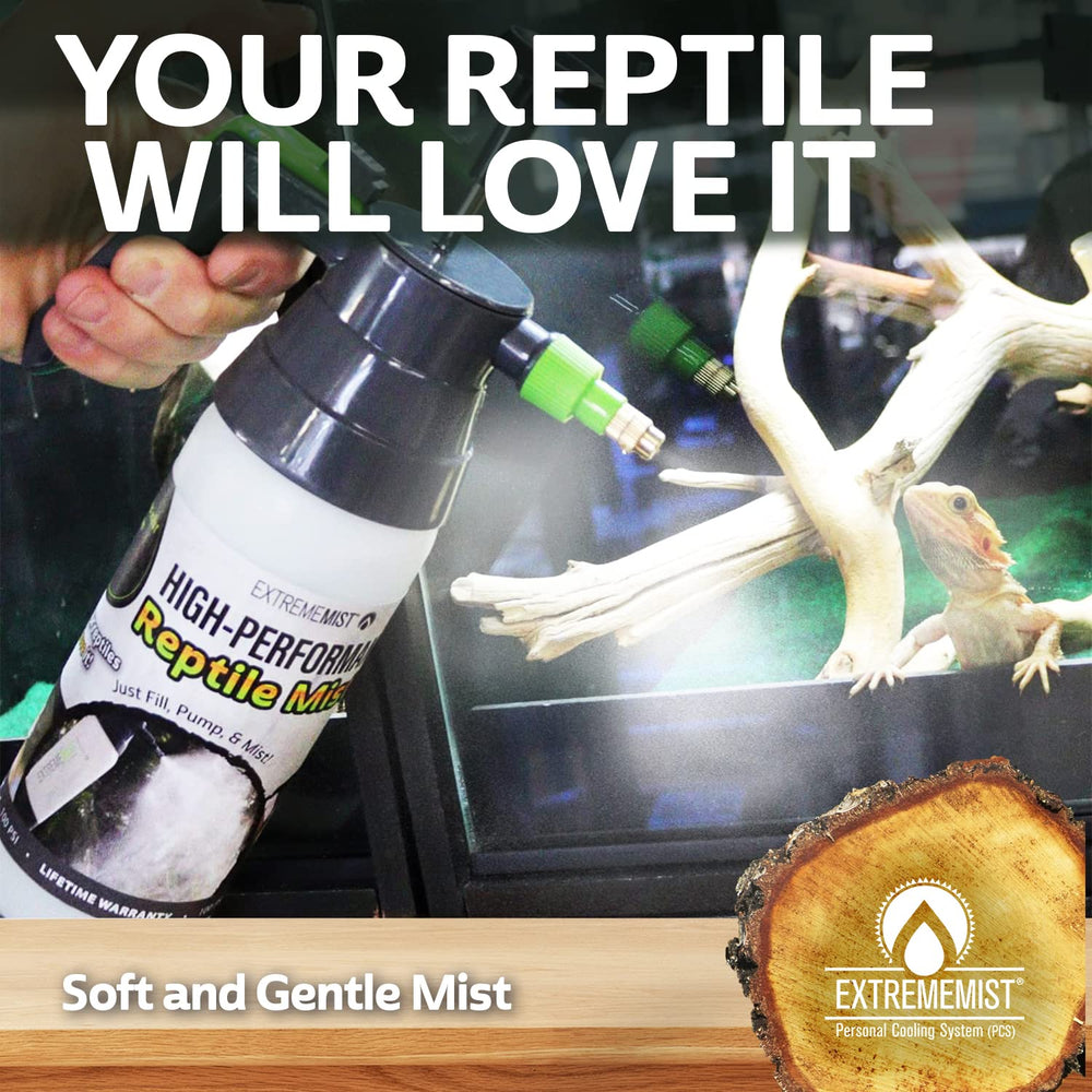 ExtremeMIST humidifier inside a reptile enclosure delivering even humidity for shed-friendly care.