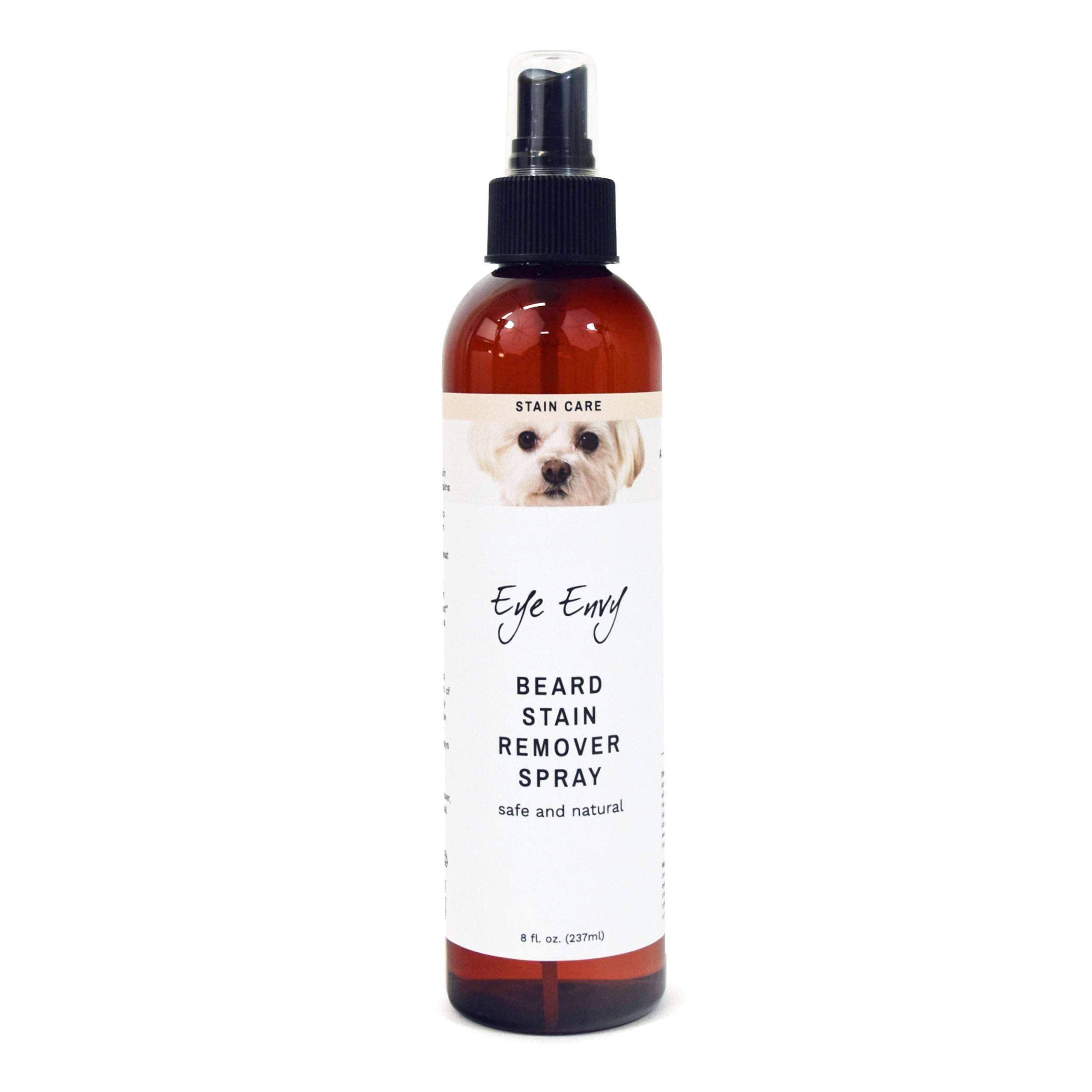 Eye Envy Beard Stain Remover Spray lifts dog beard stains in a close-up application.
