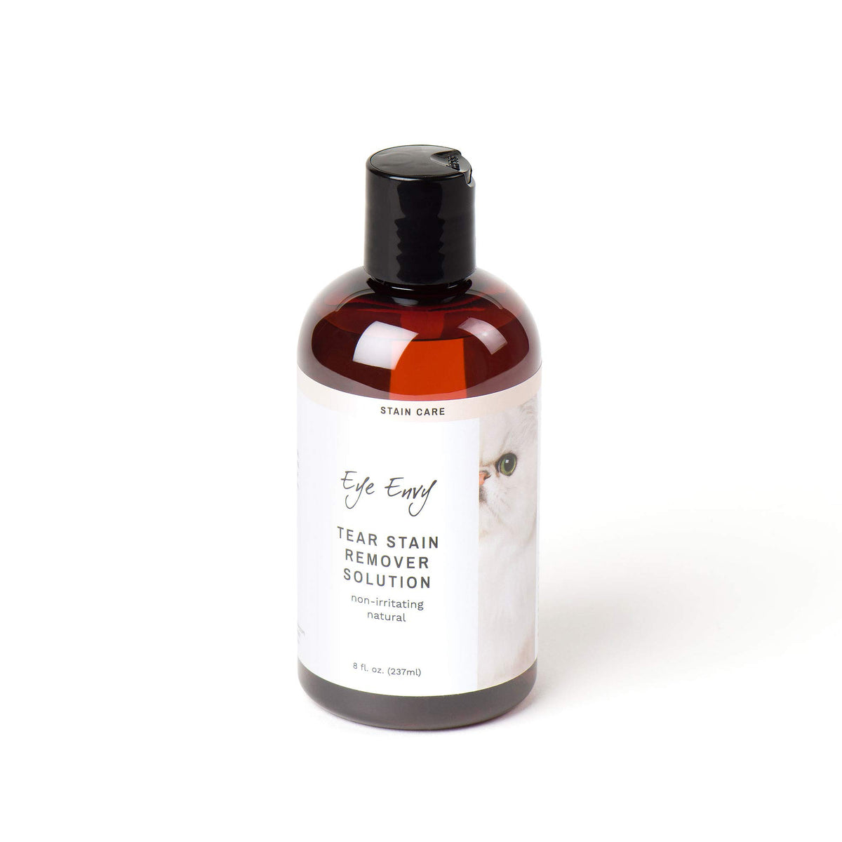 Eye Envy Tear Stain Remover bottle closeup for safe, natural cat tear stain care
