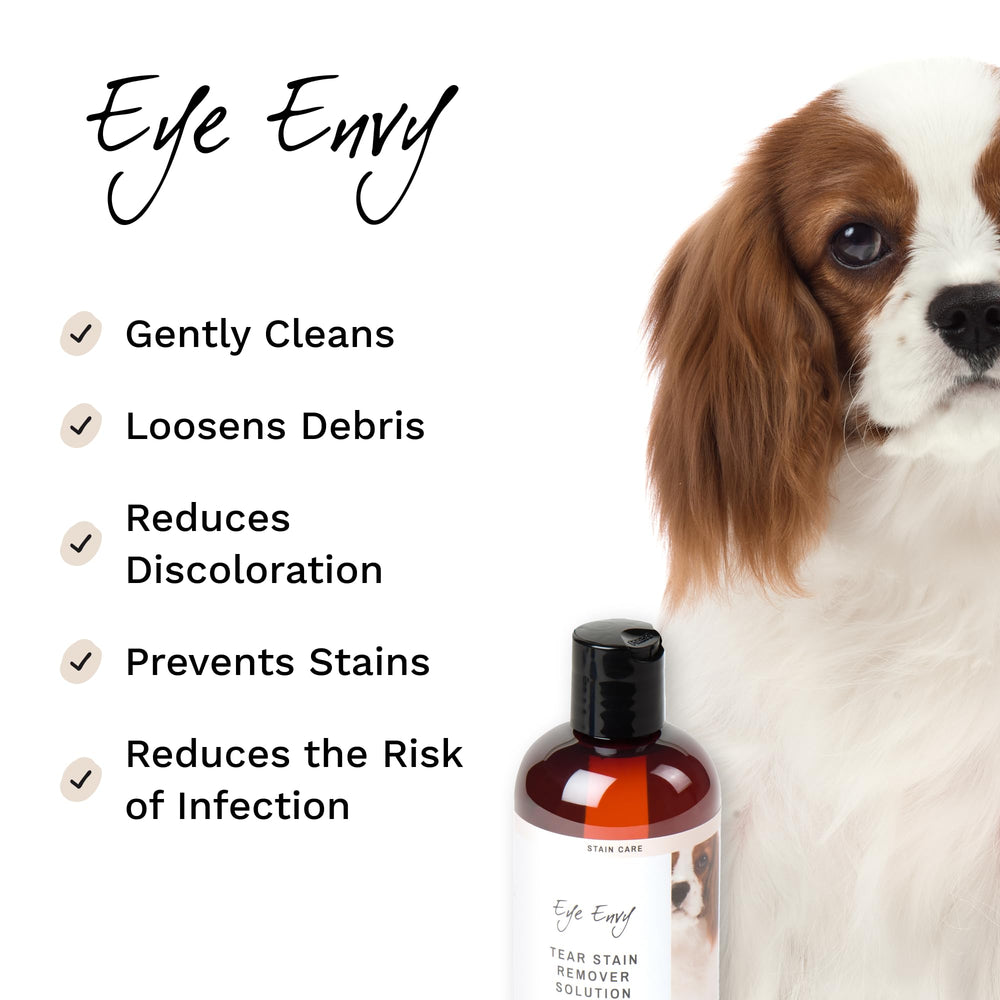 Eye Envy Tear Stain Remover bottle label highlights product size and natural formula.