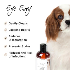Eye Envy Tear Stain Remover bottle label highlights product size and natural formula.