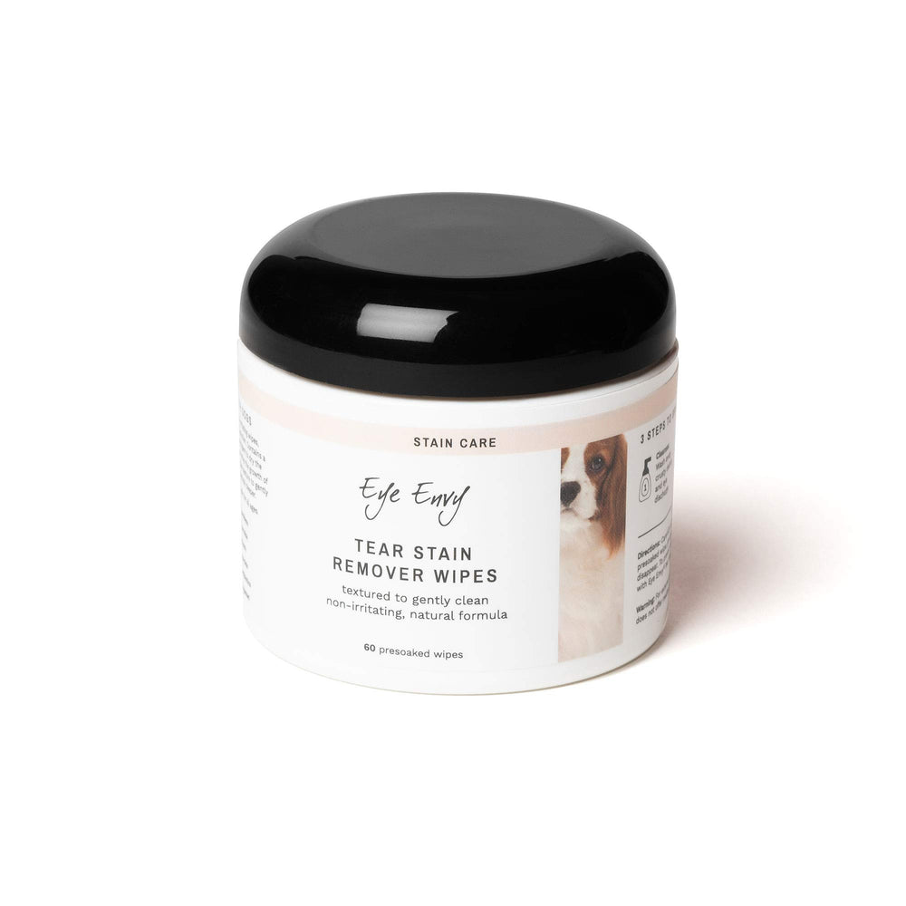 Eye Envy Tear Stain Wipes closeup around a dog's eye for gentle stain removal