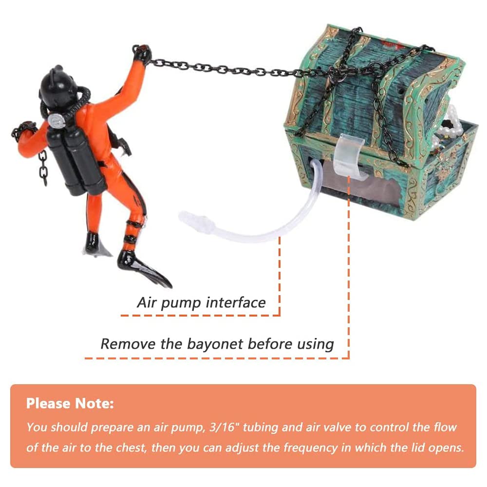 Eyech diver suspended by chain shows a realistic aquarium scene accent.