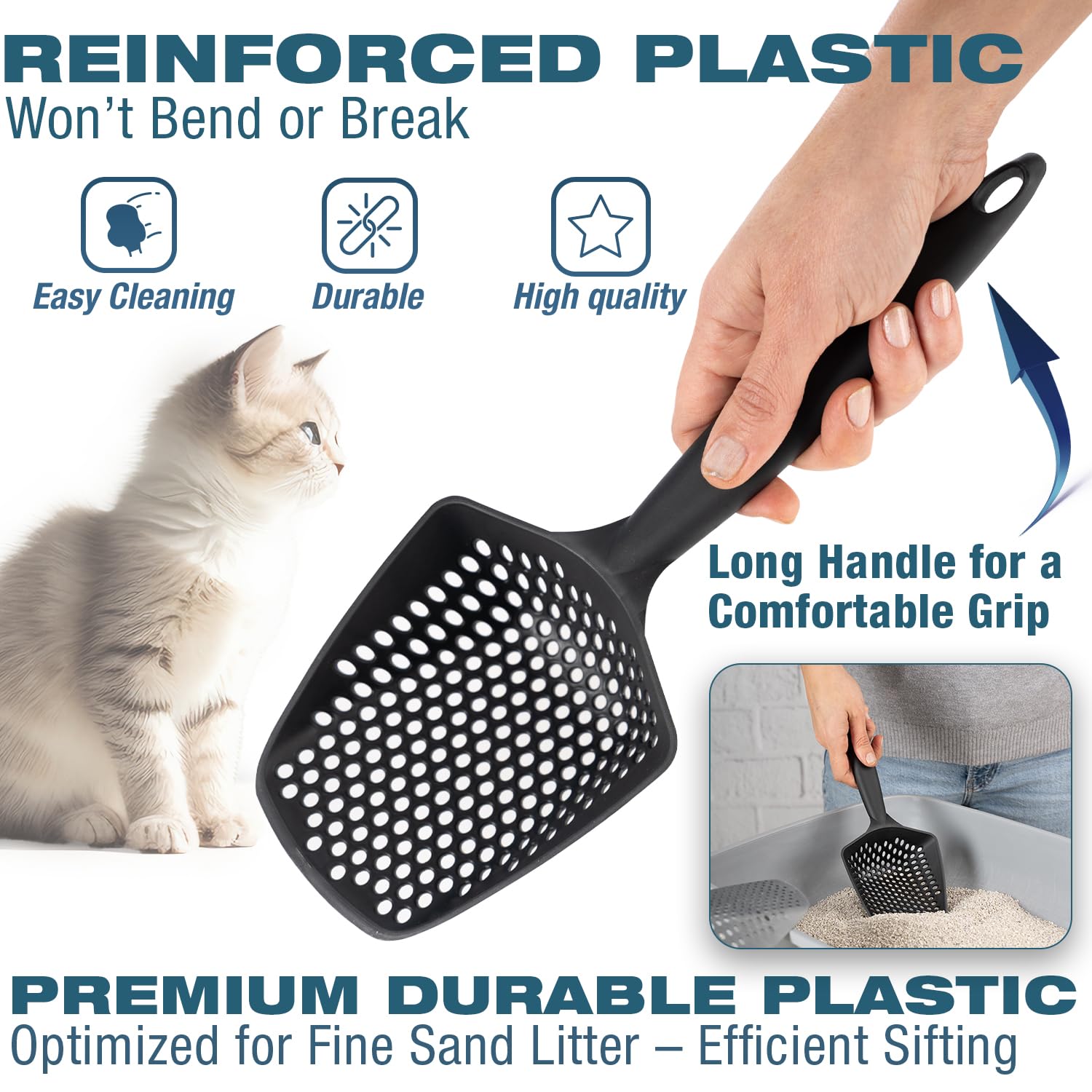 EYNEL cat litter scoop deep design provides higher capacity for quicker cleanup.