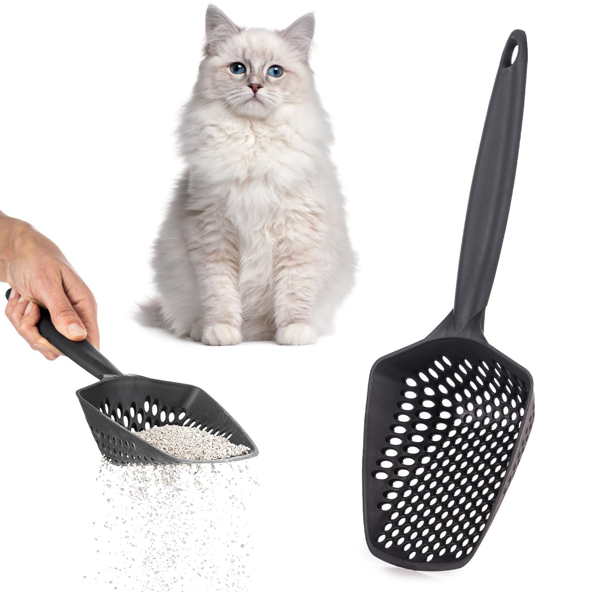 EYNEL cat litter scoop small holes for quick fine-litter sifting and waste reduction.