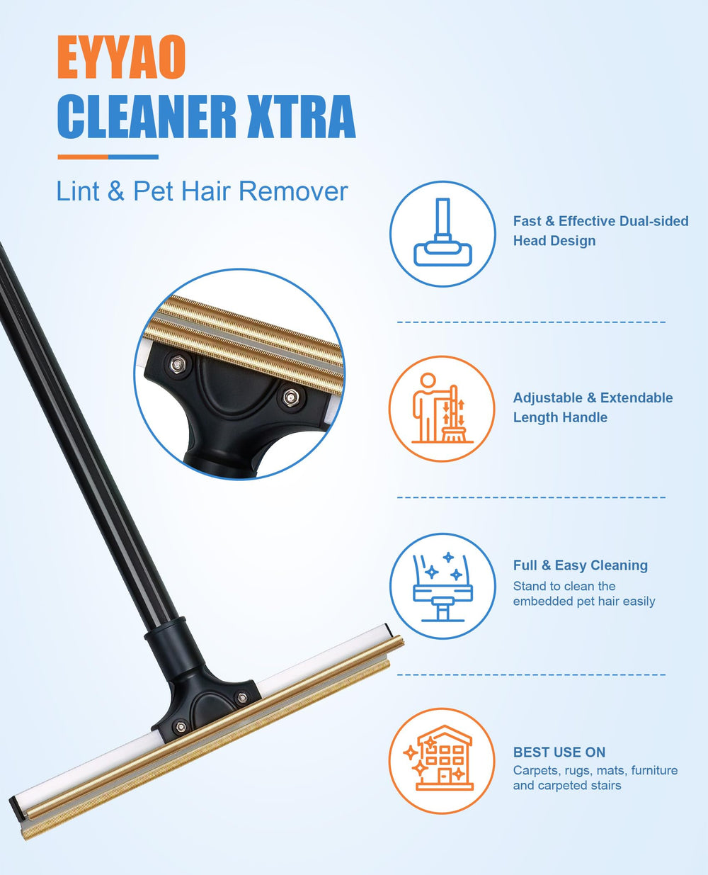 Eyyao Carpet Rake on stairs demonstrates easy reach for stair cleaning.