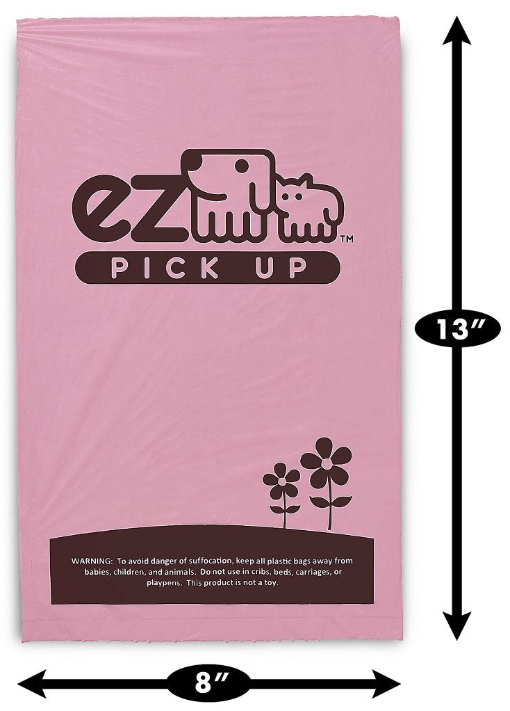 EZ PICK UP pink bags close-up showing extra-thick, leak-proof construction.