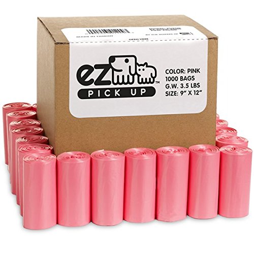 EZ PICK UP pink poop bags packaging, 1000-count box for long-lasting supply.