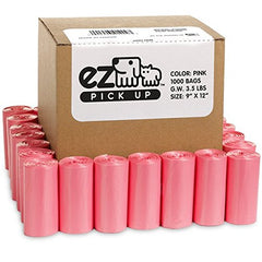 EZ PICK UP pink poop bags packaging, 1000-count box for long-lasting supply.
